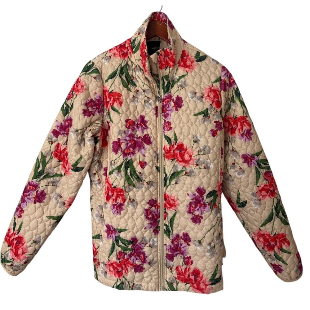 Lands End Womens Quilted Lightweight Floral Full Zip Jacket Size L/ Tall